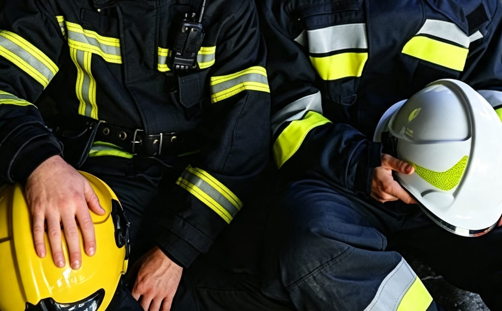 Two firefighters in dark flame-retardant turnout coats with fluorescent yellow and silver retroreflective bands on the sleeves and chest, holding helmets